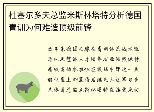 杜塞尔多夫总监米斯林塔特分析德国青训为何难造顶级前锋